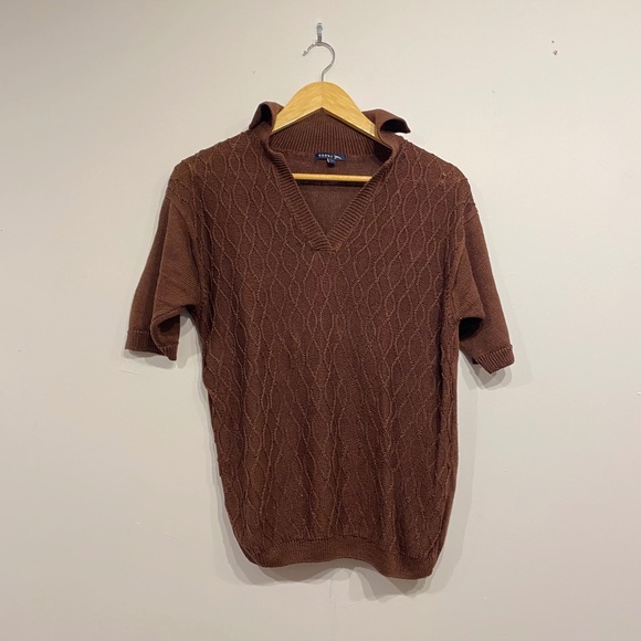 Soeur Tiloup Chocolate Brown Collared Cable Knit Old Money Short Sleeve Sweater - Picture 2 of 7